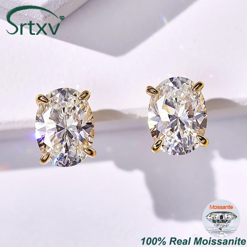 Brincos de Moissanite em Corte Oval com Estilo S925 Prata Banho de Ouro 18K para Mulheres, Brincos Solitário, Presente de Casamento, Joia com Certificado