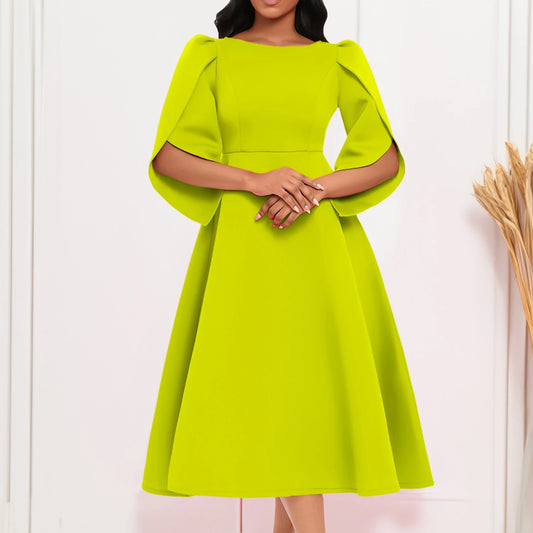 Vestido Feminino Elegante para Festa Vestidos de Verão em Cor Sólida Vestido de Noite com Decote Redondo Slim Vestido Feminino de Larga Amplitude com Comprimento Médio