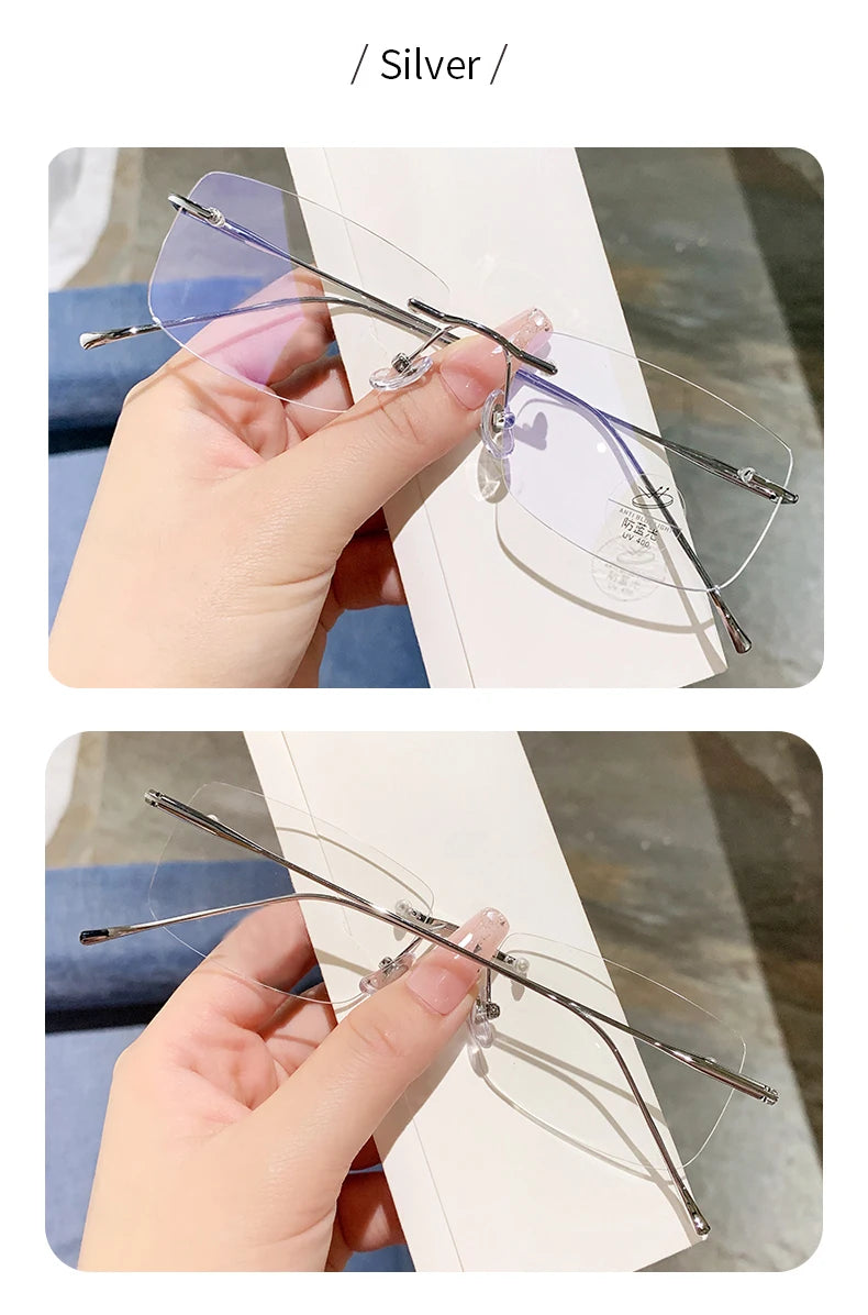 Óculos de leitura sem aro para homens, azul, com proteção contra luz azul, armação de metal, óculos de computador, lentes ópticas CR39 com receita.