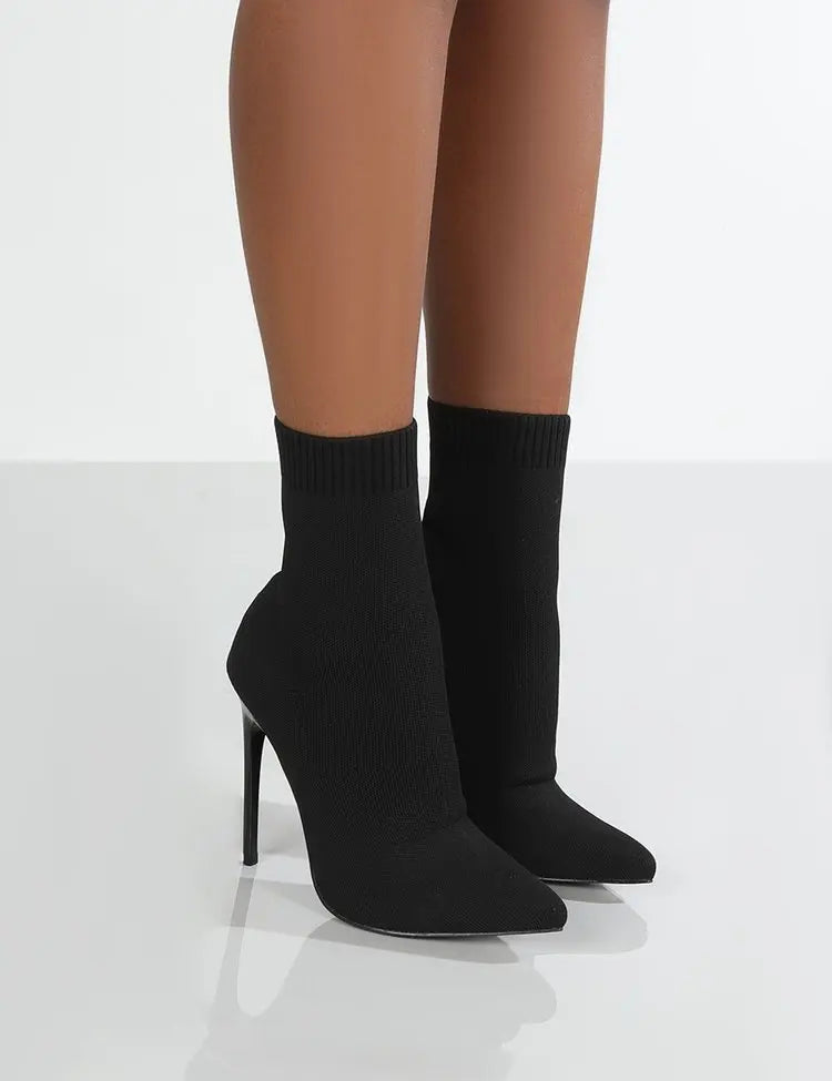 Botas de cano curto para mulheres em tecido elástico de luxo, botas de salto alto para dançarinas exóticas, stilettos femininos, bota de bico fino para outono e inverno.