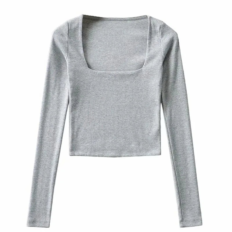Blusa cropped de decote quadrado com mangas longas e textura canelada para mulheres