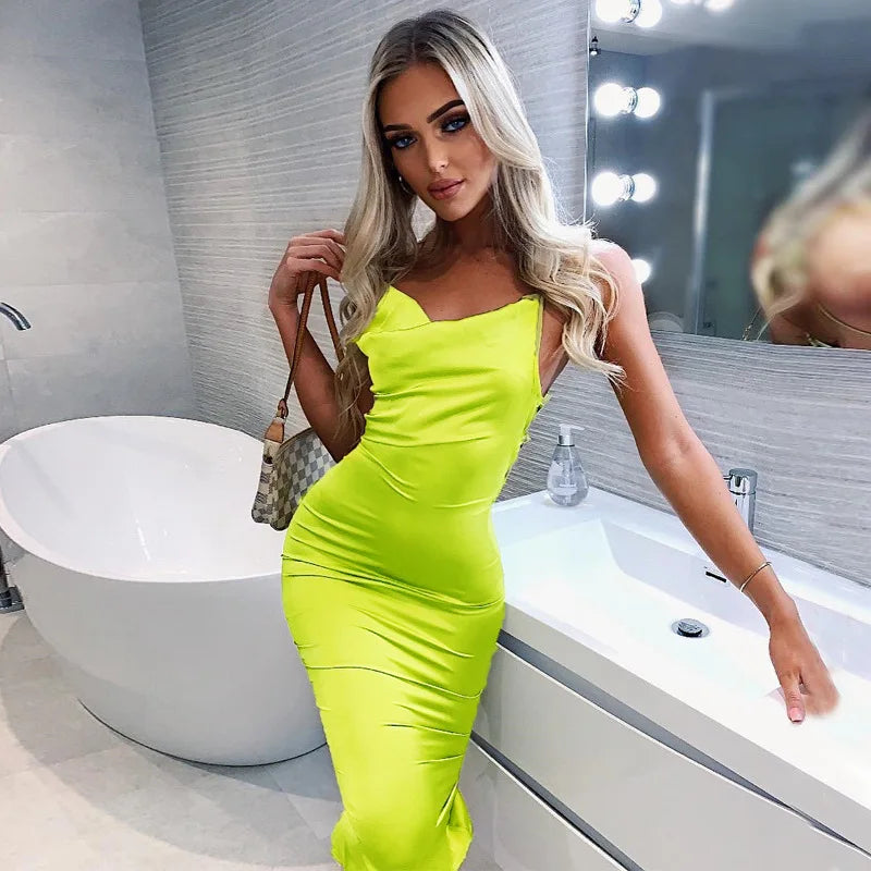 Vestido Midi Longo de Renda Cetim Neon Rosa Claro com Amarração nas Costas, Elegante, Sexy para Festas e Clubes, Roupas de Jantar de Verão 2022