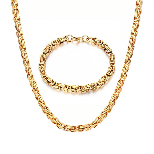 Conjunto de Colar e Bracelete de Cadeia Punk Bizantino em Ouro e Prata com Correntes de Aço Inoxidável para Mulheres e Homens - Conjuntos de Joias de Moda Vintage