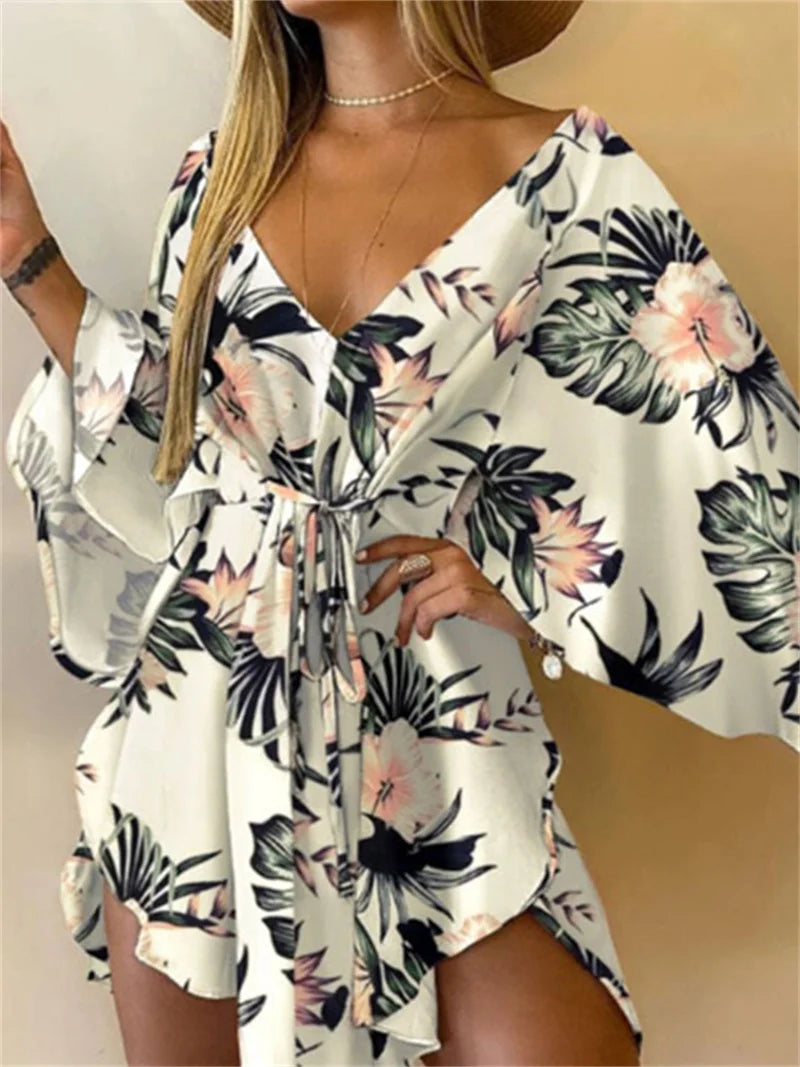 Vestido Estampado Feminino Sexy Com Decote em V, Manga Bat, Renda e Estampa de Flores, Vestido Boêmio de Praia, Vestido Mini Solto para Verão e Férias