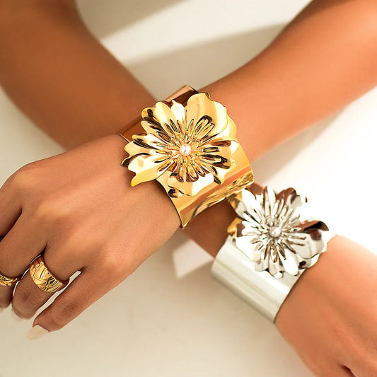 DIEZI Exagerar Punk Ouro Prata Cores Pulseiras de Flor Rosa para Mulheres Bracelete Vintage Novo Joia de Bangle Larga Boho Fashion