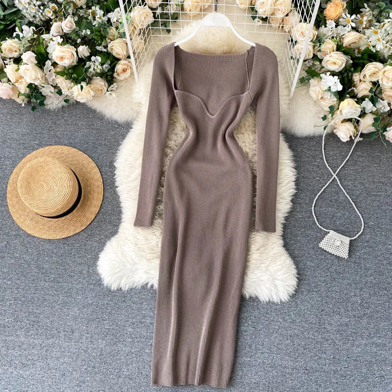 Vestidos para mulheres 2026 vestido justo sem alças em tricô canelado sexy, vestido de suéter midi de manga longa para o inverno