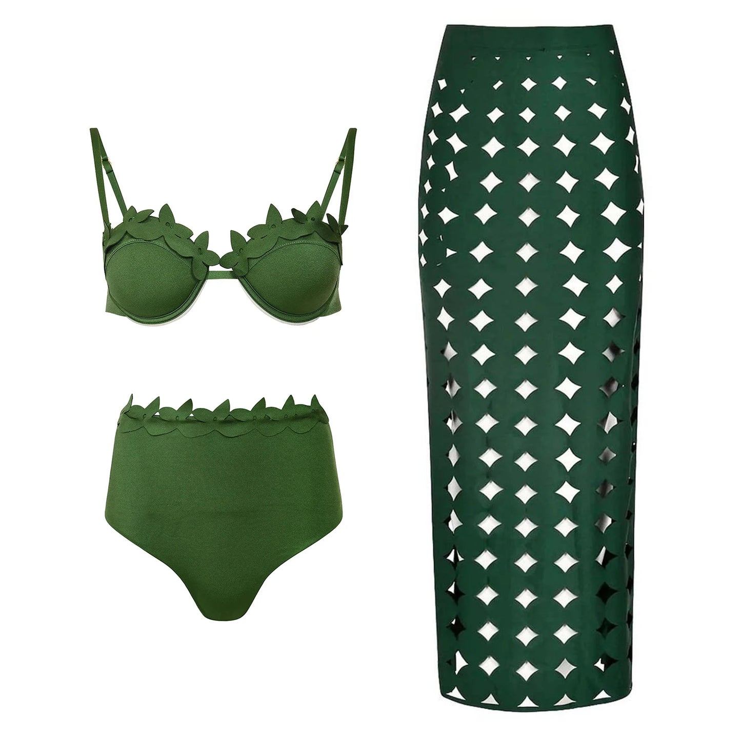 Conjunto de 3 peças de maiô laser cut para mulheres, biquíni sexy com push-up, moda de bainha alta, biquíni feminino com recortes, roupa de banho tipo bodysuit para praia.