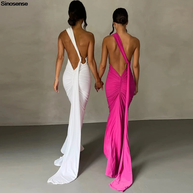 Vestido Longo de Cocktail Elegante Feminino para Festa, Costas Nuas, Abertura Costas, Com Pregas, Justo, Formal para Convidadas de Casamento
