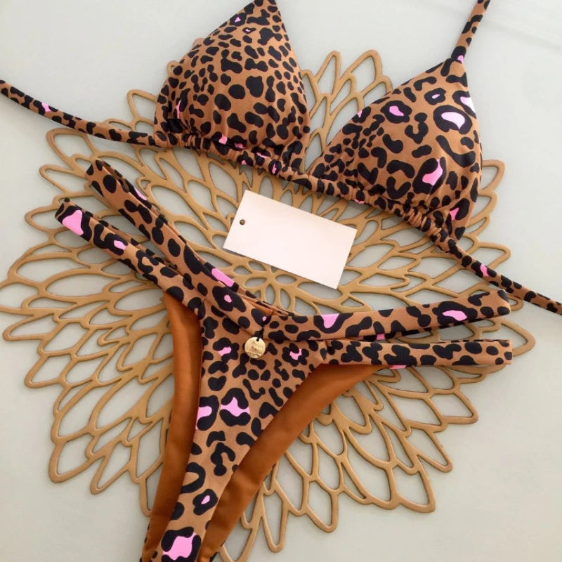Novo Biquíni Feminino Sunga de Praia Férias Roupa de Banho Conjunto de Biquíni Estampado de Leopardo Roupa de Praia Sunga Biquíni