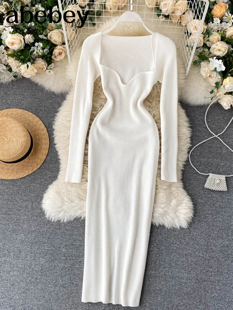 Vestidos para mulheres 2026 vestido justo sem alças em tricô canelado sexy, vestido de suéter midi de manga longa para o inverno