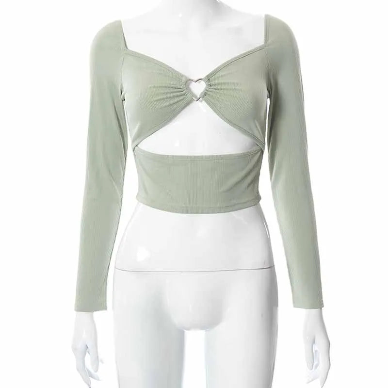 Blusa Cropped de Manga Longa com Decote em V Oco para Primavera e Outono - Moda Casual Feminina, Blusa Slim de Colarinho Quadrado em Malha Canellada, Camiseta Costas Nuas