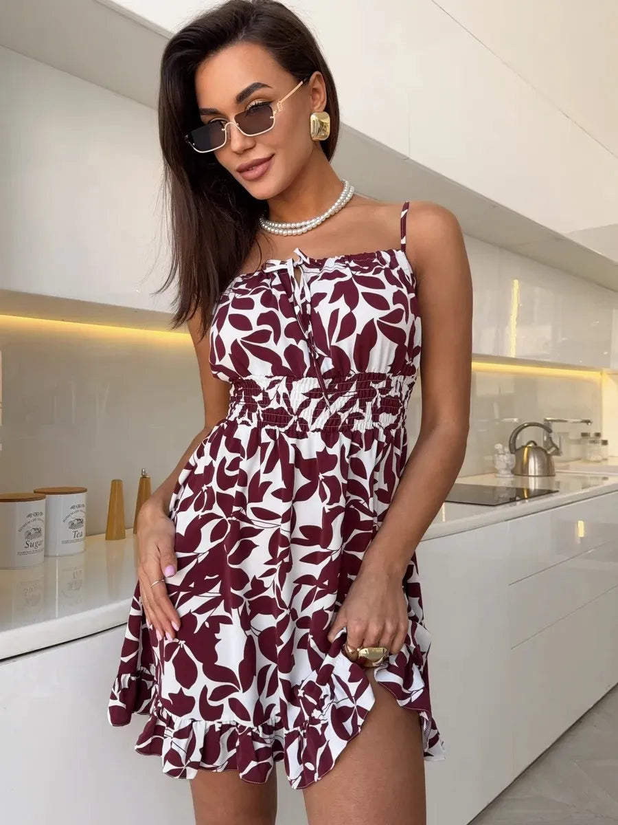 Novo Vestido Feminino de Verão Estampado com Amarração, Vestidos Sem Manga, Vestidos Florais, Vestidos Casuais, Vestidos Elegantes, Roupas Femininas 2025