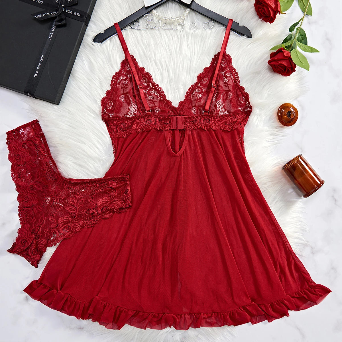 Conjunto de Lingerie Transparente Vermelha Sexy para Mulheres, Roupas de Dormir, Camisola de Renda e Calcinhas, Pijamas Femininos de Papai Noel