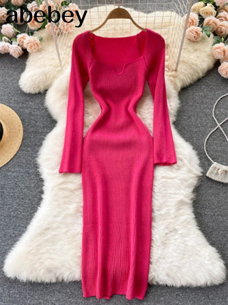 Vestidos para mulheres 2026 vestido justo sem alças em tricô canelado sexy, vestido de suéter midi de manga longa para o inverno