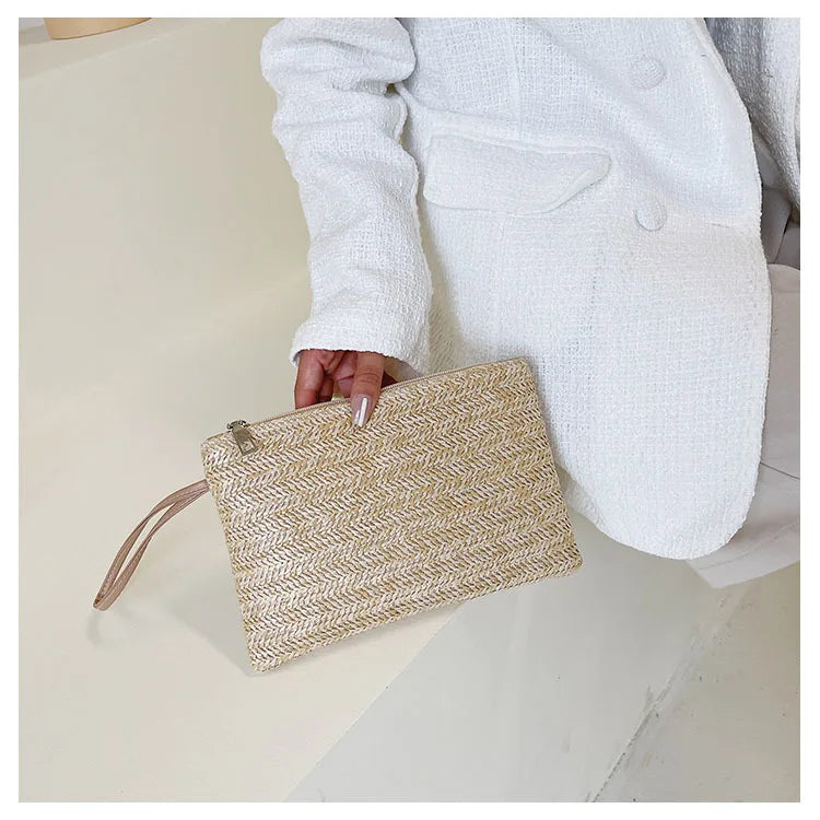 Weaving Bag Fashion Ladies Wristlet Clutch Women Daily Money Phone Clutch Solid Straw Woven Coin Purse Beach Wallet Card Holder