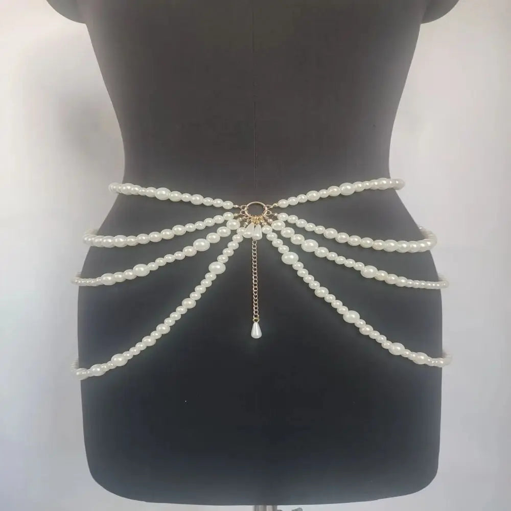 Cintura de Pérolas Multicamadas Y2K para Moda Feminina, Acessórios de Corpo com Personagem Retro para Festas, Cintos de Acessórios