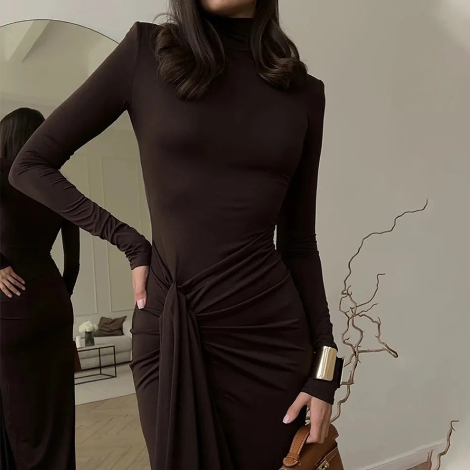 Vestidos Femininos Moda Outono e Inverno Vestido Sólido de Cor com Gola Alta, Manga Longa e Cinto na Cintura, Longo para Festas