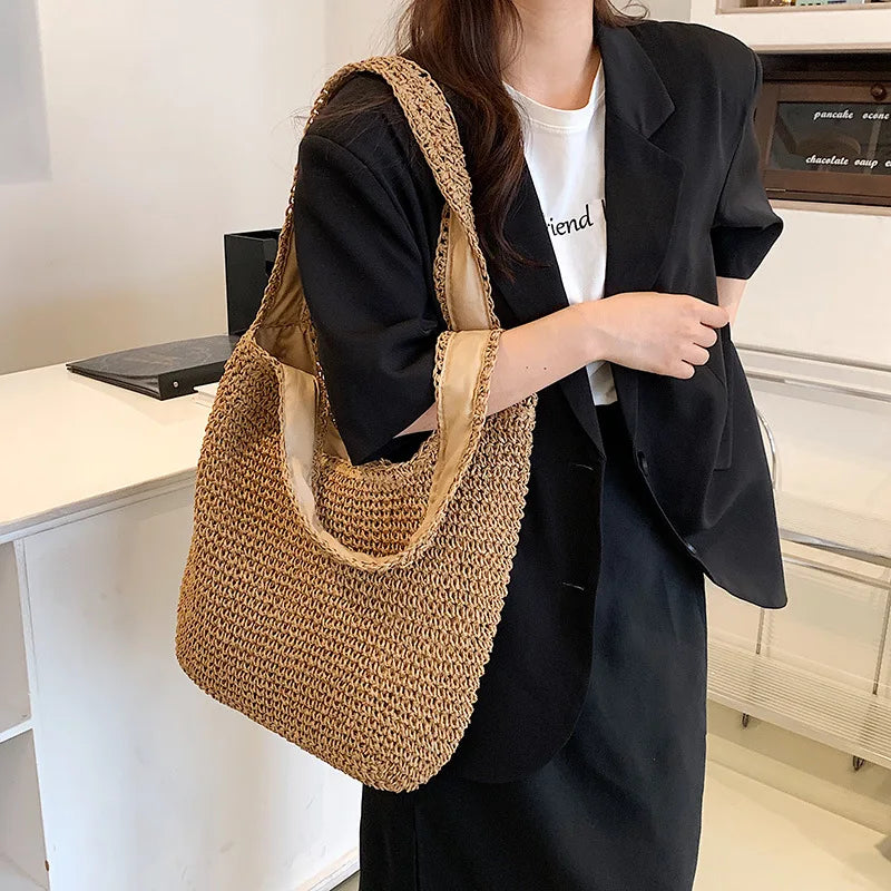 Women Beach Vintage Handmade Woven Shoulder Bag Raffia Rattan Shopping Bags Bohemian Ladies Summer Travel Vacation Casual Totes