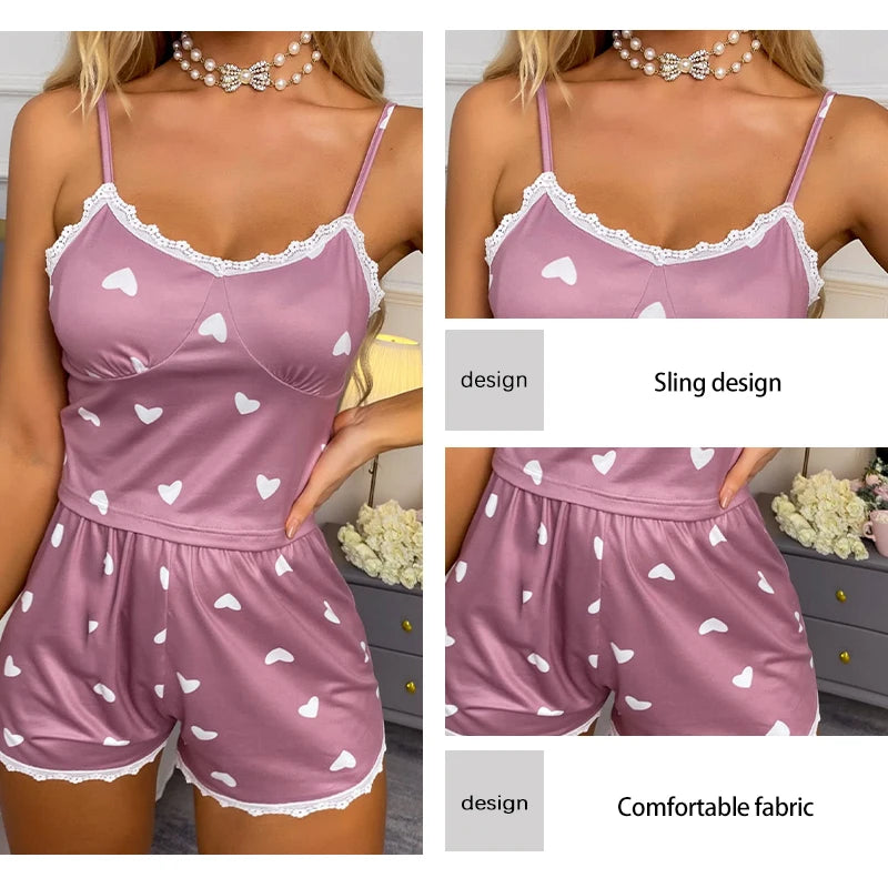Conjunto de Pijama Casual Feminino com Top e Short em Renda Impressa em V com Alças
