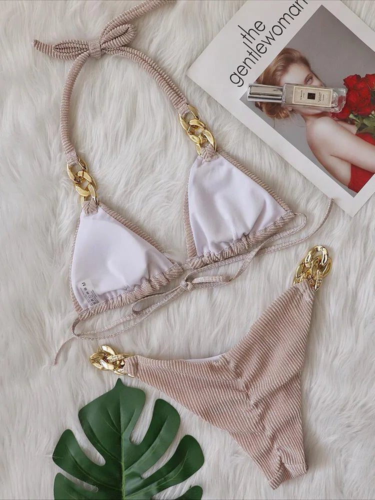 Biquíni de Cadeia de Halter com Diamante de Strass para Mulheres, Roupa de Banho Feminina, Conjunto de Biquíni com Duas Peças, Roupa de Banho Brasileira