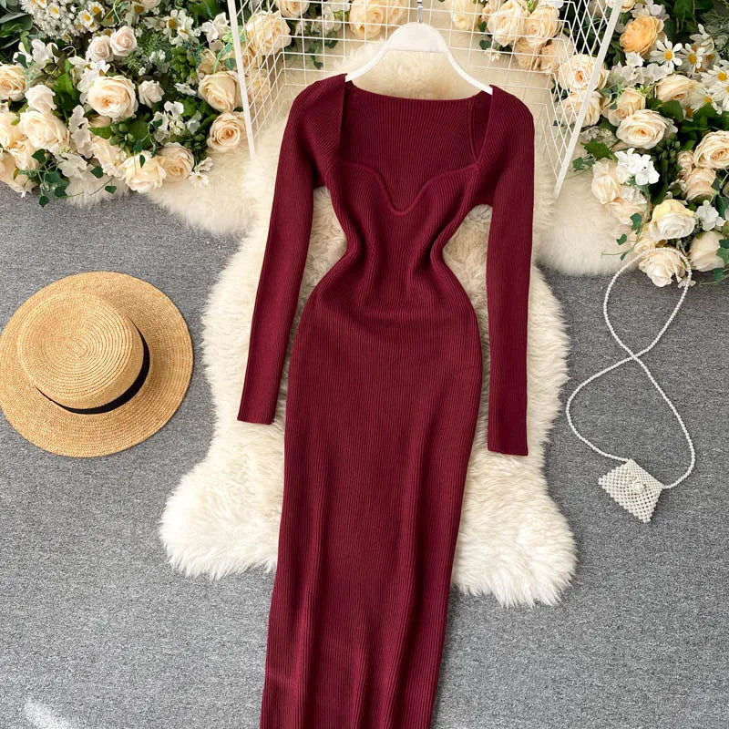 Vestidos para mulheres 2026 vestido justo sem alças em tricô canelado sexy, vestido de suéter midi de manga longa para o inverno