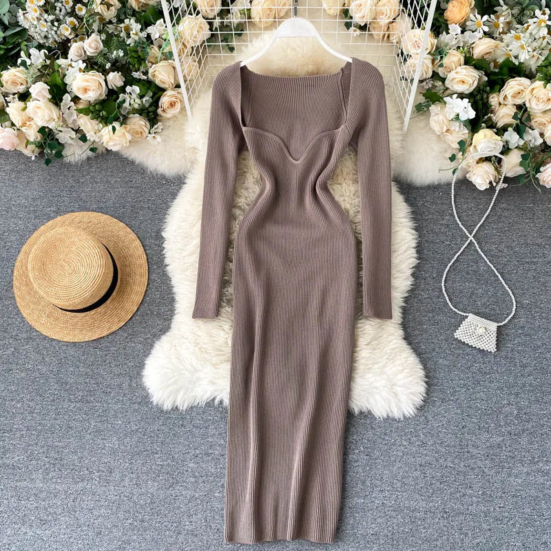 Vestidos para mulheres 2026 vestido justo sem alças em tricô canelado sexy, vestido de suéter midi de manga longa para o inverno