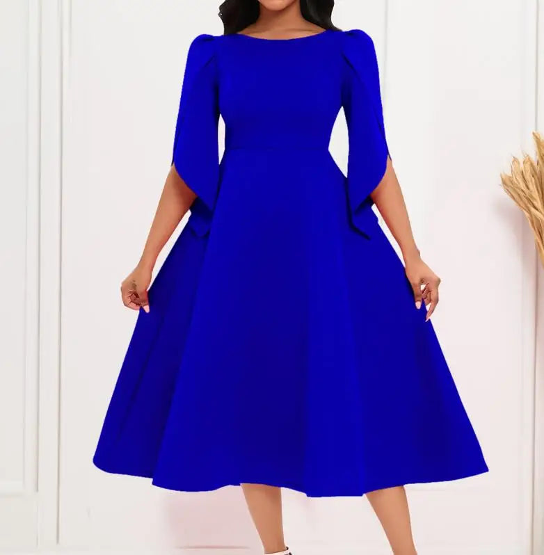 Vestido Feminino Elegante para Festa Vestidos de Verão em Cor Sólida Vestido de Noite com Decote Redondo Slim Vestido Feminino de Larga Amplitude com Comprimento Médio