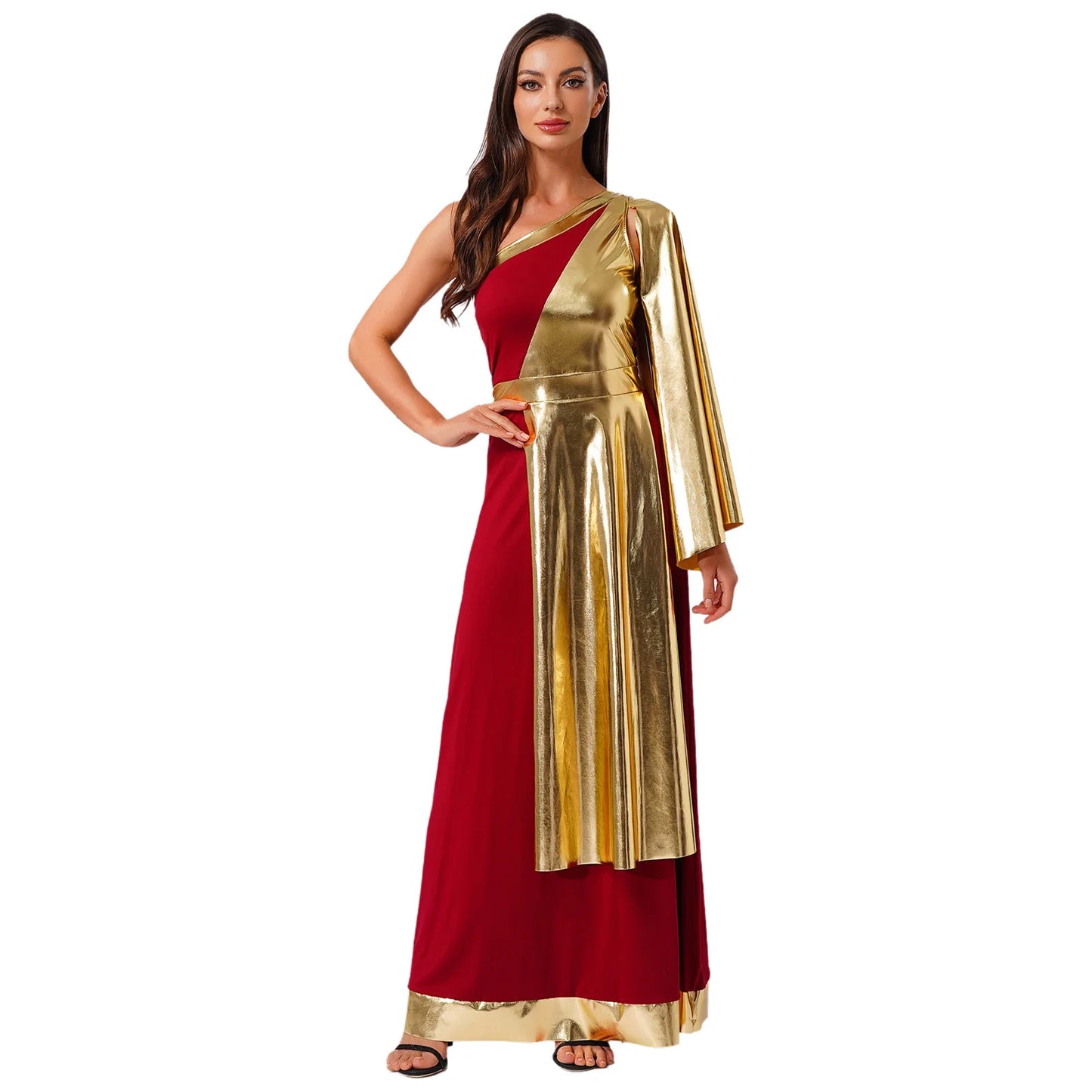 Vestido de Dança Lirica Cristã Feminina Fantasia de Halloween Vestido de Beleza Antiga Grega Romana Cosplay Túnica Tecido Metálico Brilhante Camada Toga
