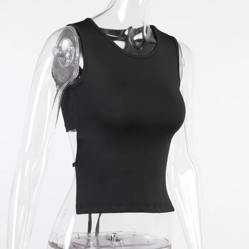 Top Cropped Sem Costas Justo Sólido Sem Mangas 2021 Verão Sexy Skinning Simples com Decote Alto Top Básico
