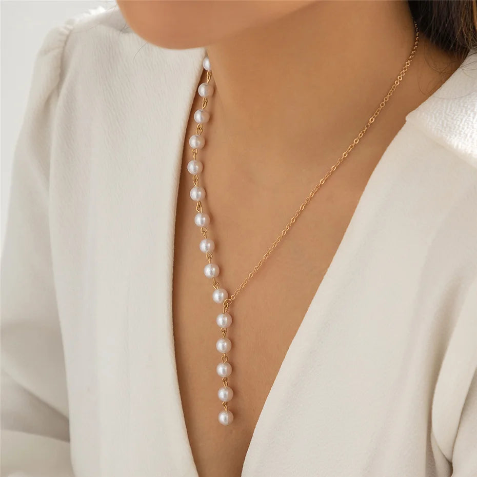 Colar de corrente assimétrica elegante em imitação de pérola Ingemark para mulheres, noivas, acessórios de colar longo Kpop, nova joia