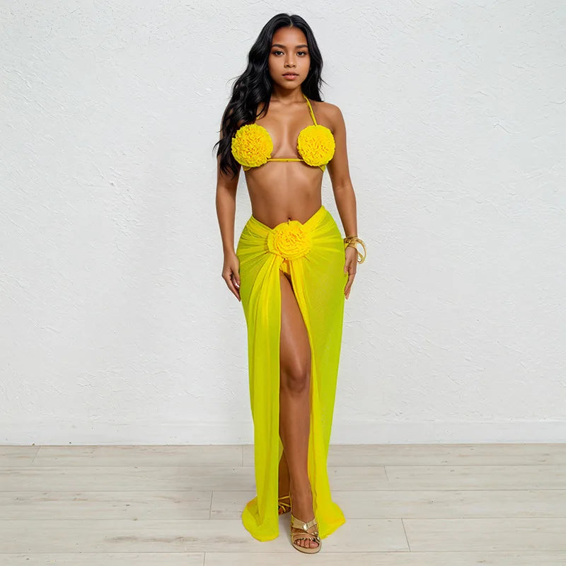 Conjunto novo de 3 peças DEAT Moda Maiô Halter Costas Descobertas Para Mulheres Praia Férias Bikini com Laço Flor 3D Feminino 33A4132