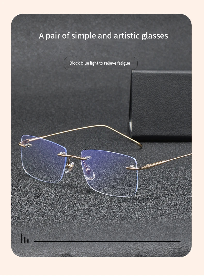 Óculos de leitura sem aro para homens, azul, com proteção contra luz azul, armação de metal, óculos de computador, lentes ópticas CR39 com receita.