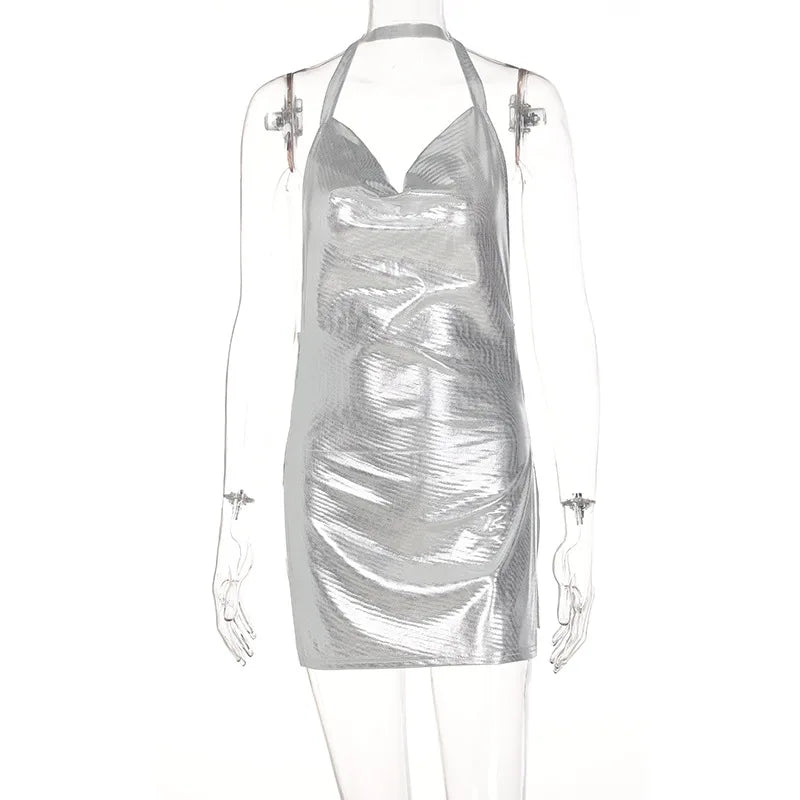 Vestido curto elegante e sexy para mulheres, com decote em V, costas nuas e detalhes de lantejoulas, perfeito para festas e dança.