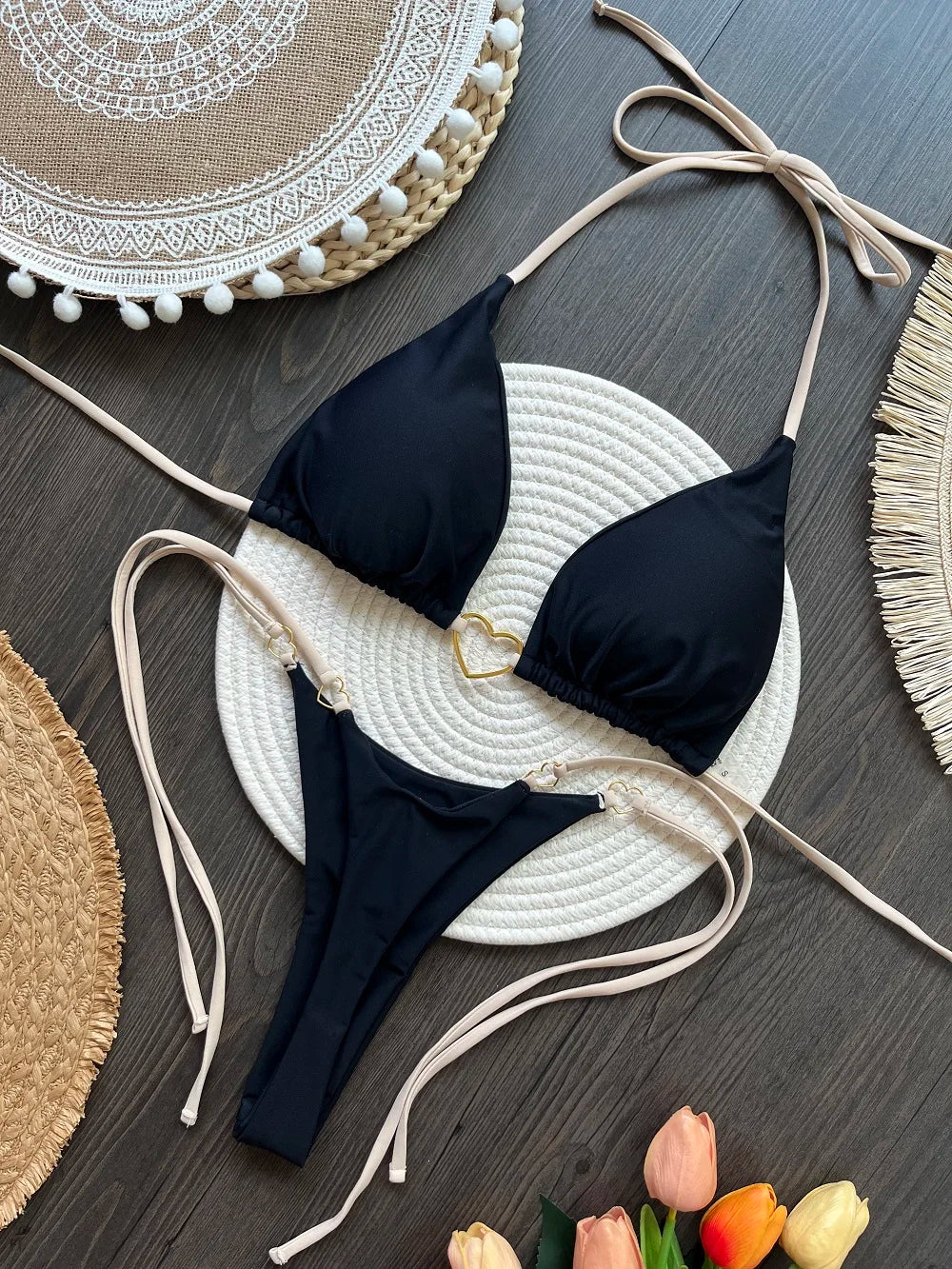 Conjunto de Biquíni Sexy Halter de Cor Sólida RUOTONSEPT, maiô feminino de duas peças, com triângulo e fio dental, traje de banho estilo brasileiro.