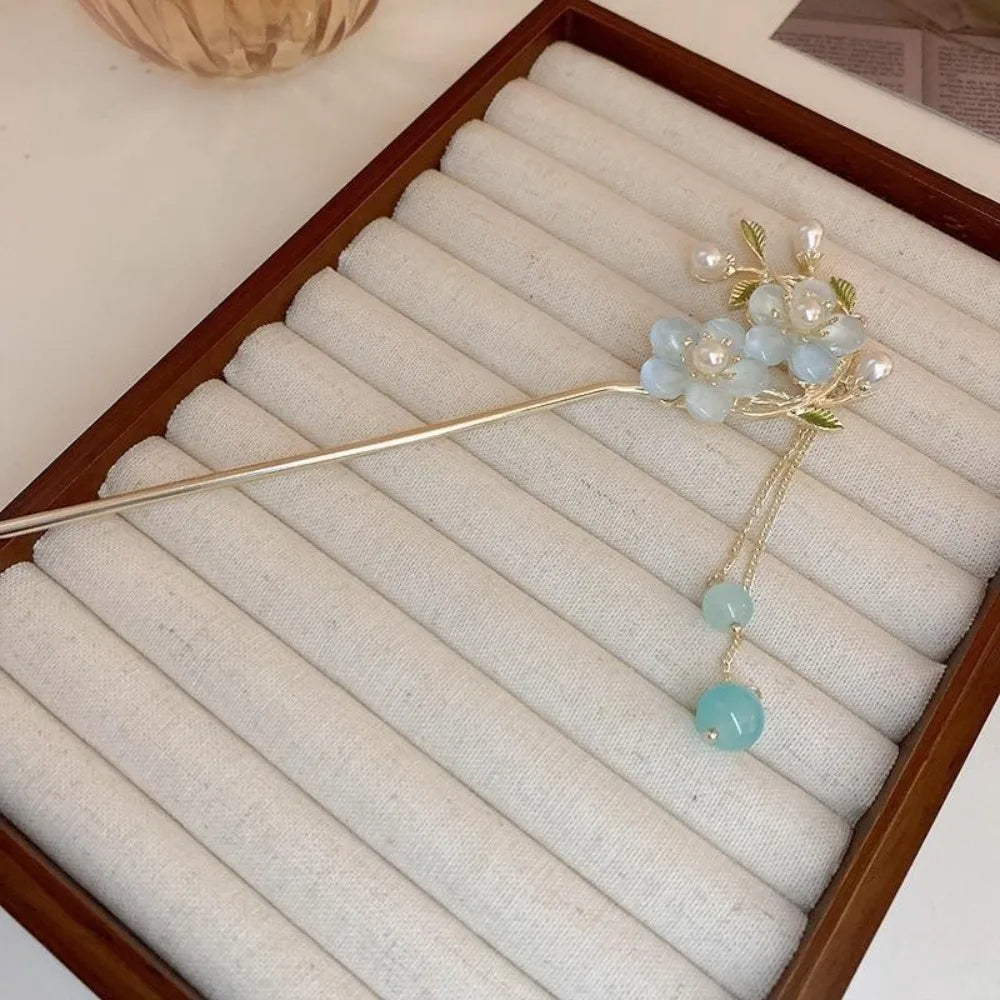 Pinhão de cabelo estilo chinês com hastes de metal, estilo antigo, com franja de orquídea, flor, tassel e acessórios para cabelo feminino.