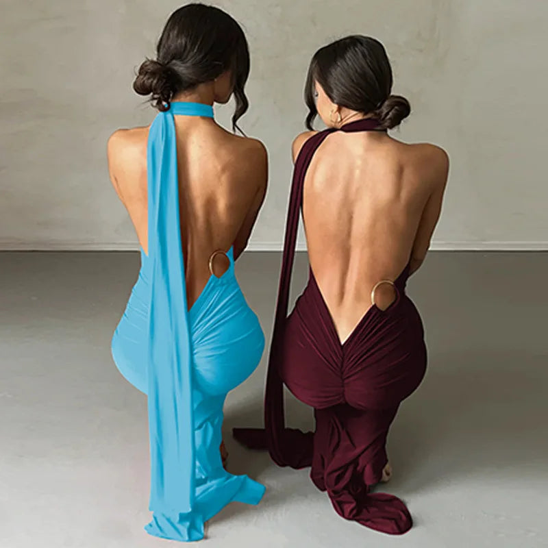 Vestido Longo de Cocktail Elegante Feminino para Festa, Costas Nuas, Abertura Costas, Com Pregas, Justo, Formal para Convidadas de Casamento