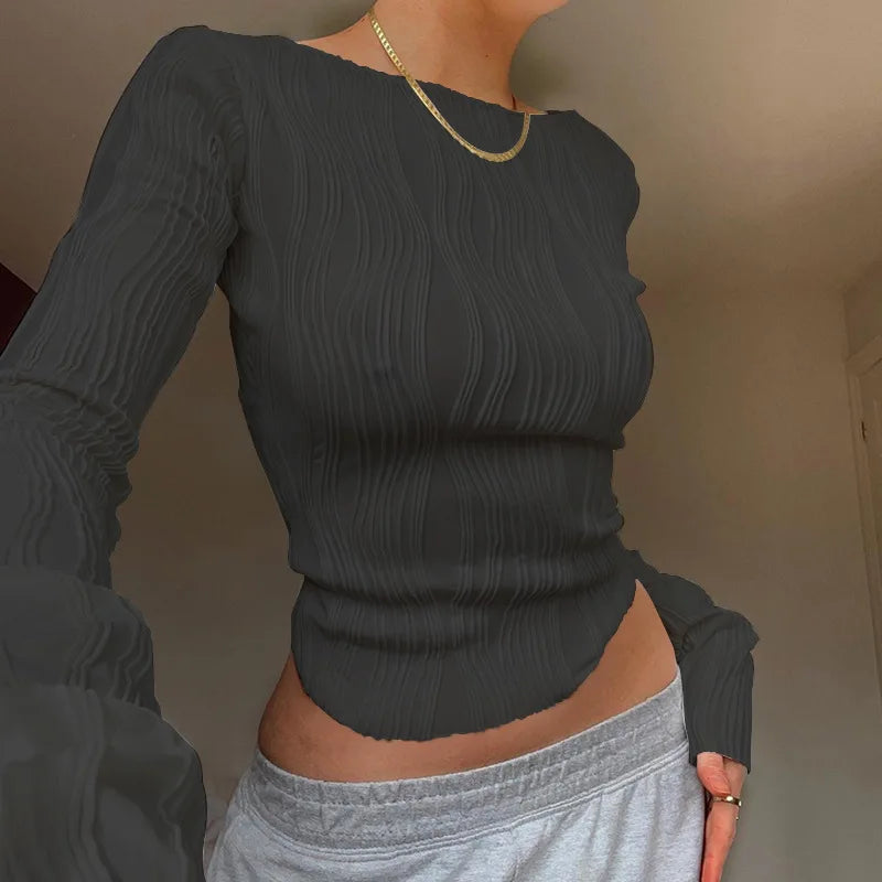 Blusa Casual Feminina em T-shirt de Manga Longa com Ruched, Branca, Justa, Cropped, Camisa de Base 2024 Outono Y2K Roupas