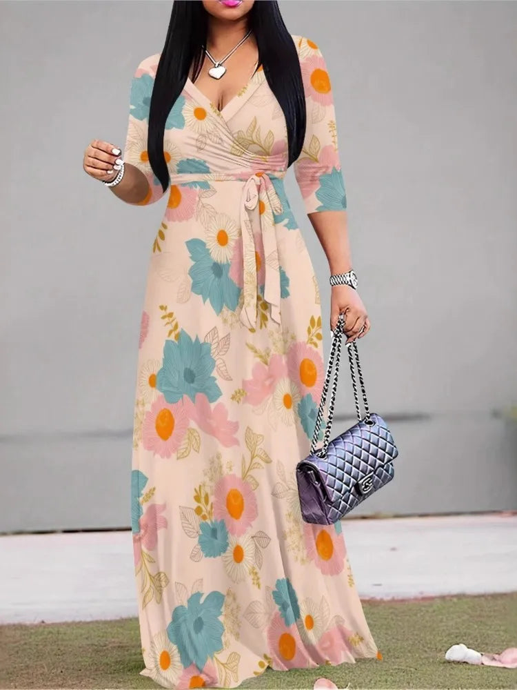Vestido de Impressão de Moda Feminina para Mulheres, Casual, Sexy, Decote V Profundo, com Amarração, Vestidos Soltos Robe Femme, Roupas de Verão para Mulheres