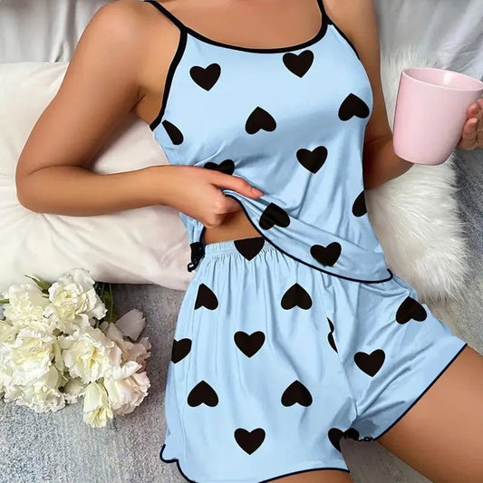 Conjunto de Pijamas Femininos Camisetas Shorts Impressão em Forma de Coração T-Shirt de Decote Redondo Top de Seda Gelada Confortável Casual de Verão