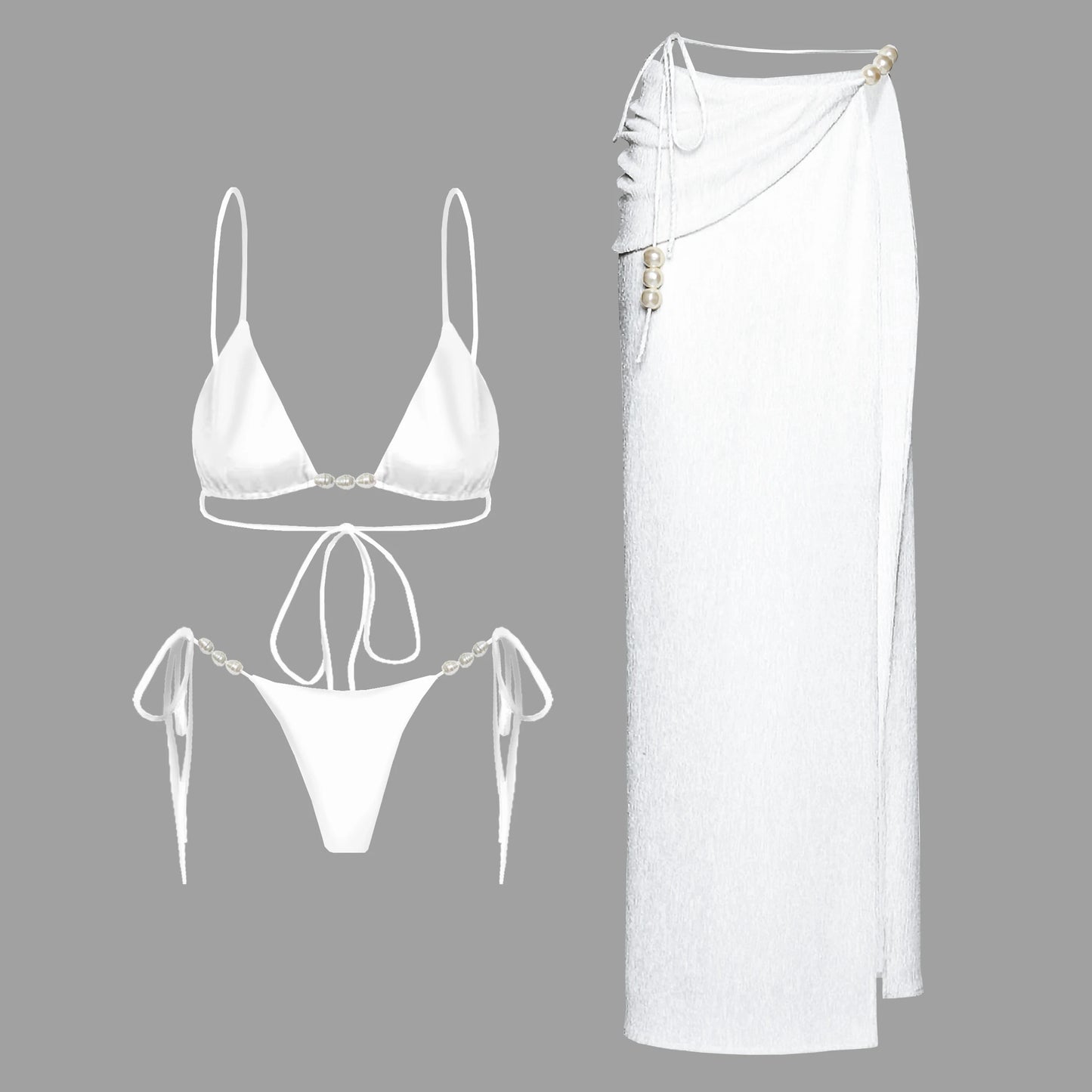 Conjunto de Biquíni Sexy com 3 Peças e Capa, Biquíni Branco com Pérolas, Maiô Feminino Halter, Roupa de Banho com Ombros Descidos, Biquíni para Praia