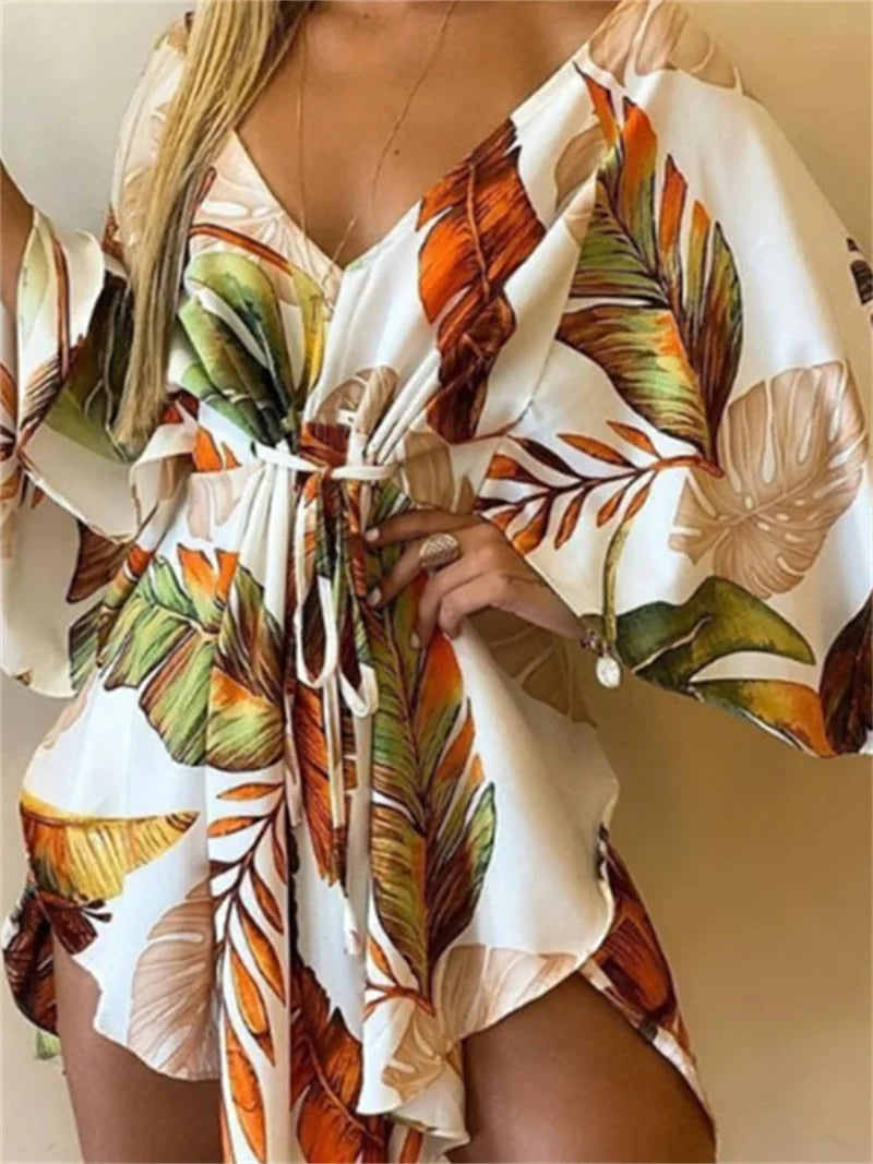 Vestido Estampado Feminino Sexy Com Decote em V, Manga Bat, Renda e Estampa de Flores, Vestido Boêmio de Praia, Vestido Mini Solto para Verão e Férias