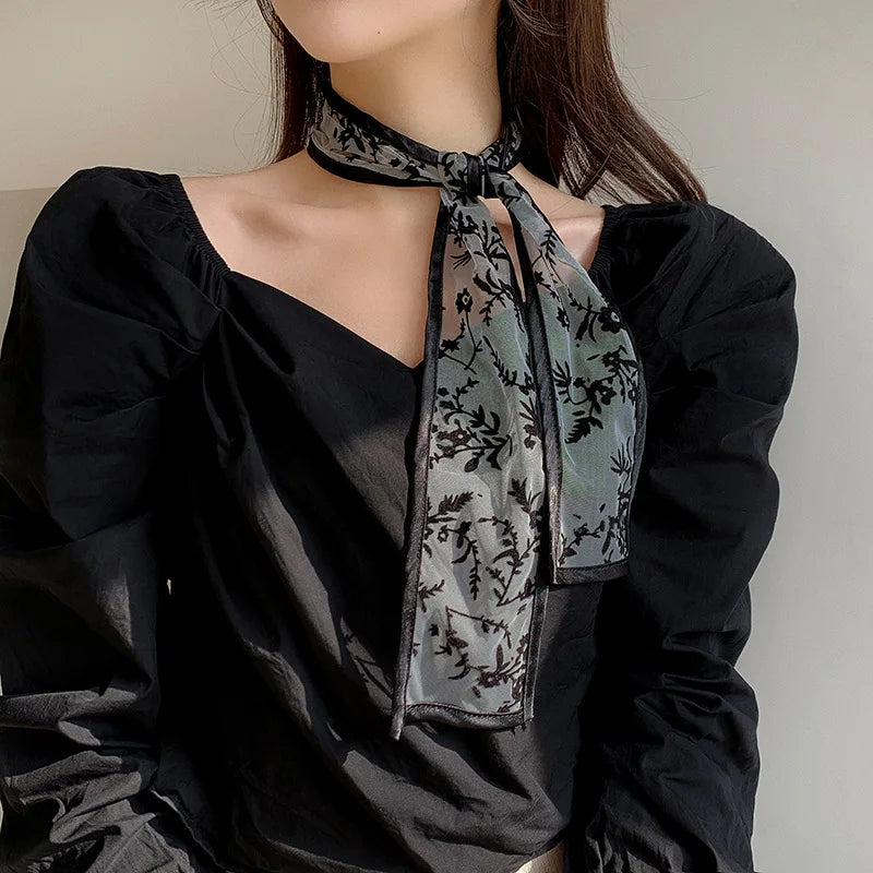 Lenço de Cabelo de Renda Retro Lystrfac Moda Francesa para Mulheres, Faixa de Cabelo com Bordado Preto, Laço Longo, Acessórios Vintage para Cabelo