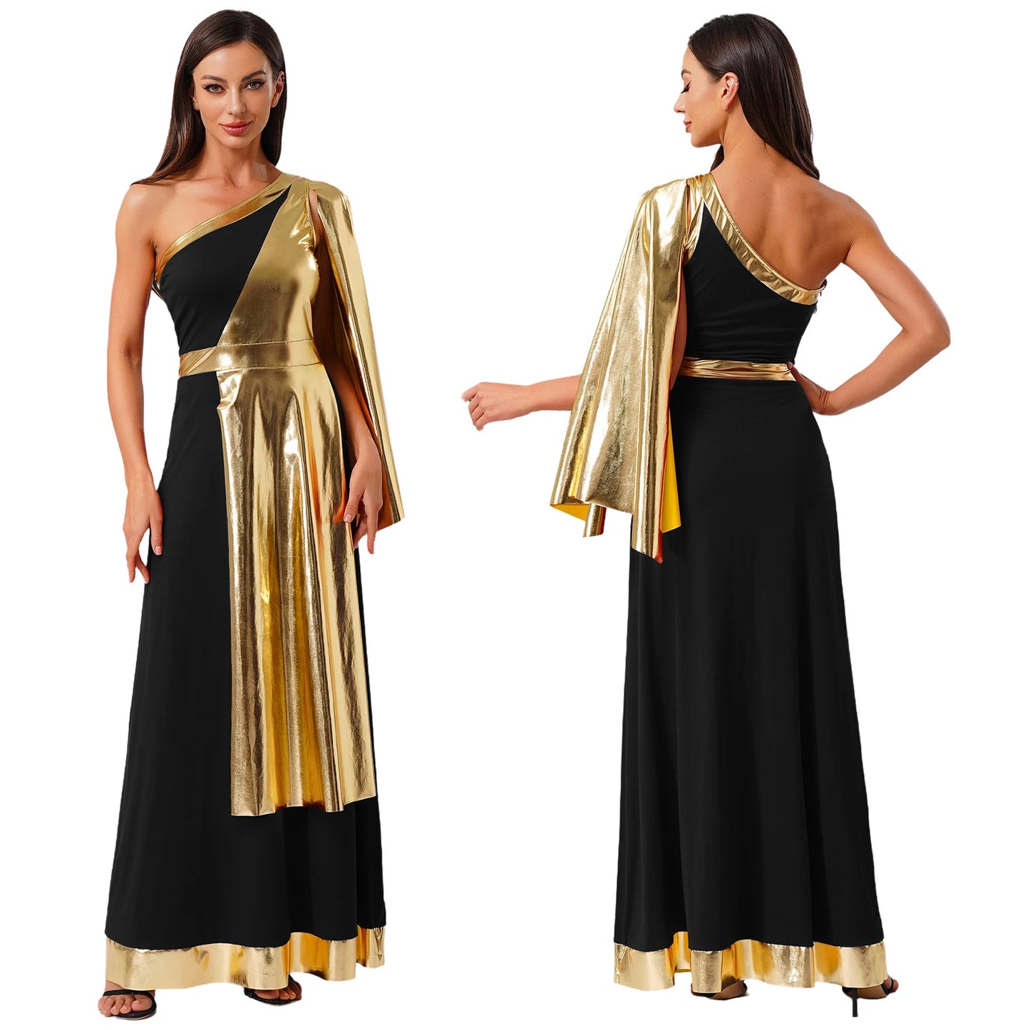 Vestido de Dança Lirica Cristã Feminina Fantasia de Halloween Vestido de Beleza Antiga Grega Romana Cosplay Túnica Tecido Metálico Brilhante Camada Toga