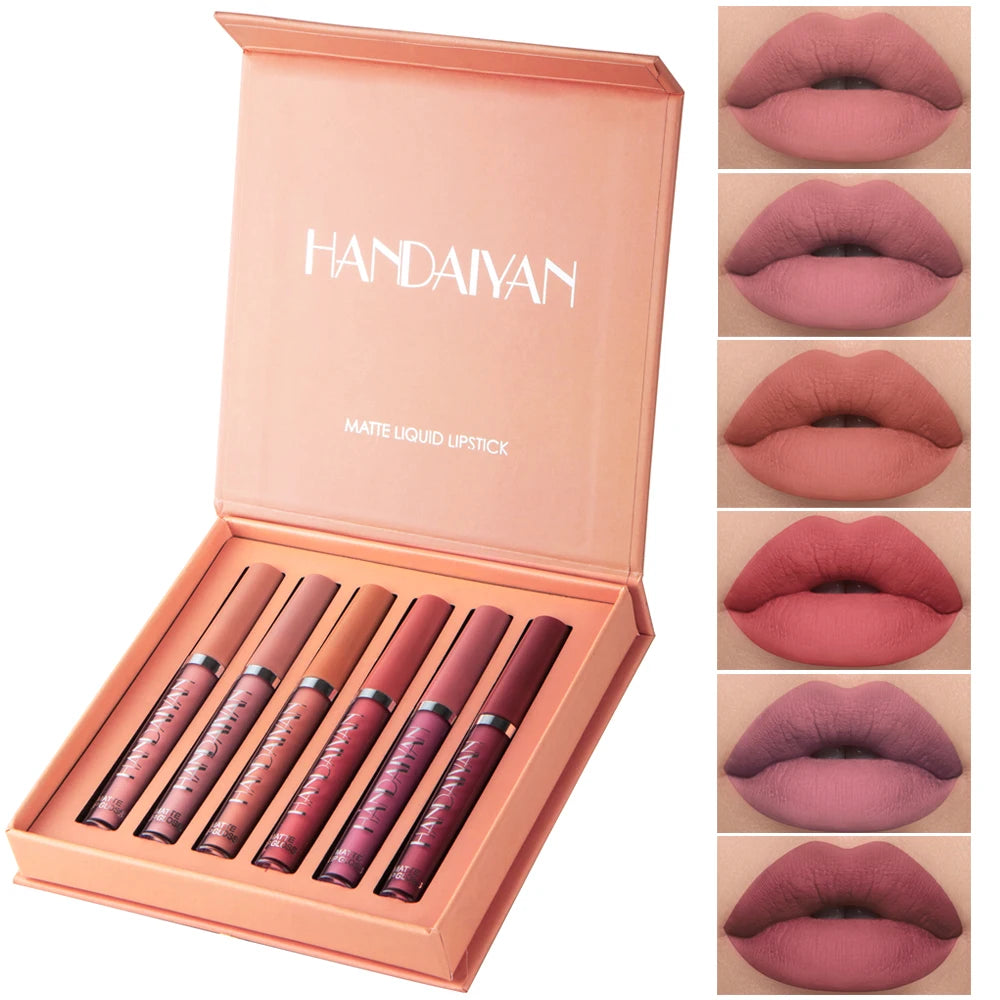 Conjunto HANDAIYAN com 6 Batons Líquidos Não Grudentos, Caixa de Presente de Brilho Labial de Longa Duração – Brilho Labial com Acabamento Fosco, Resistente ao Desgaste