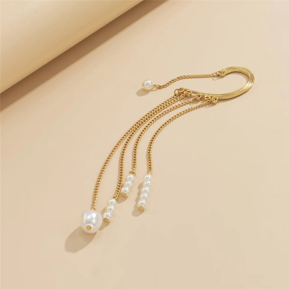 Brinco de Clip Geométrico com Pérolas Imitadas Ingemark Long Tassel Sem Perfurar Para Orelha Cuff Cartilagem Elegante Feminino Joia