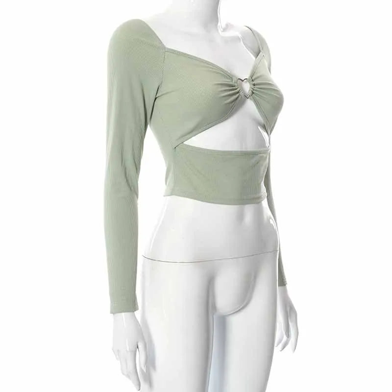 Blusa Cropped de Manga Longa com Decote em V Oco para Primavera e Outono - Moda Casual Feminina, Blusa Slim de Colarinho Quadrado em Malha Canellada, Camiseta Costas Nuas