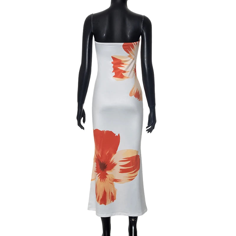 Vestido Longo Tubeless Casual da CUTENOVA para Mulheres 2024 com Estampa de Flor - Off Shoulder, Slim, Ideal para Praia e Férias