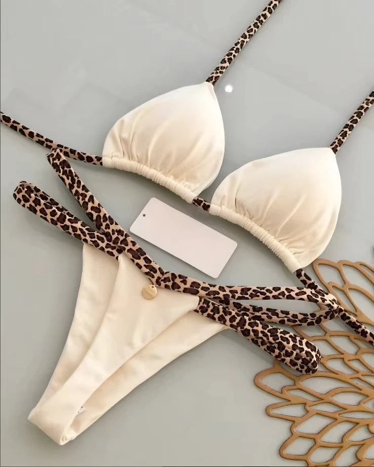 Novo Biquíni Feminino Sunga de Praia Férias Roupa de Banho Conjunto de Biquíni Estampado de Leopardo Roupa de Praia Sunga Biquíni