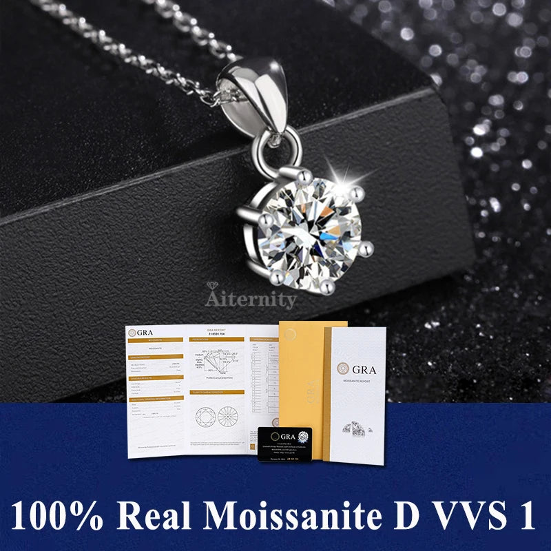 Colar de Pingente de Moissanita em Prata 925 com 6 Garras para Mulheres Design Moderno Cor D VVS Aprovado no Teste de Diamante Joia com caixa GRA