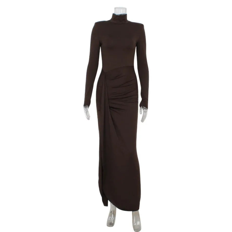 Vestidos Femininos Moda Outono e Inverno Vestido Sólido de Cor com Gola Alta, Manga Longa e Cinto na Cintura, Longo para Festas